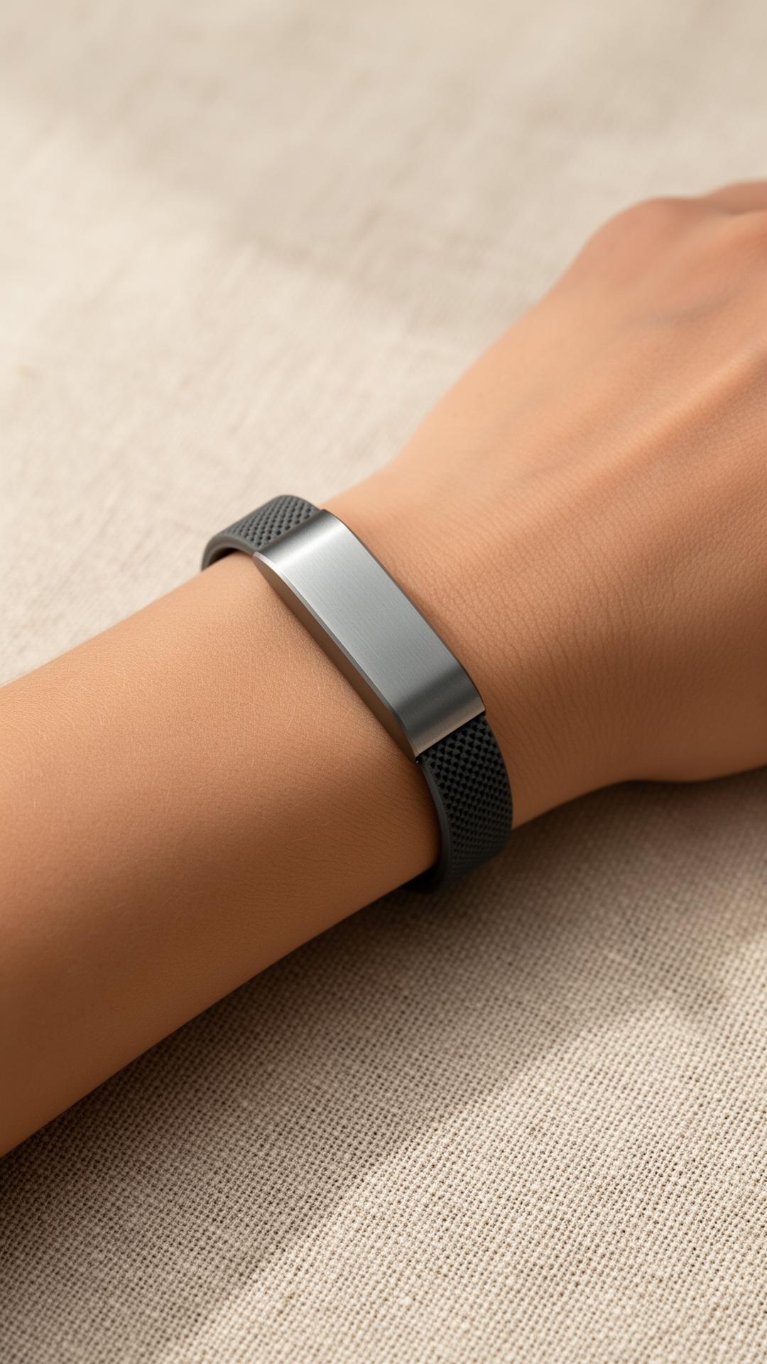 The Angel Bracelet — brushed aluminum and elastomer, worn on a wrist